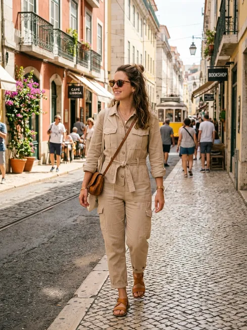 Utility jumpsuit and sandals