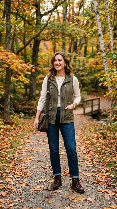 Utility vest over a long sleeve top