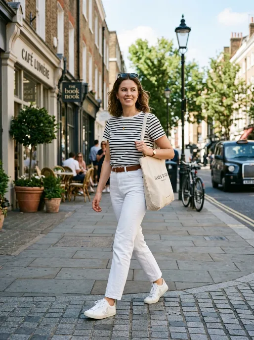 White jeans with a striped tee
