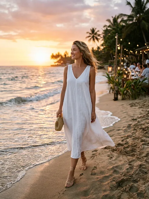 White linen dress with gold sandals