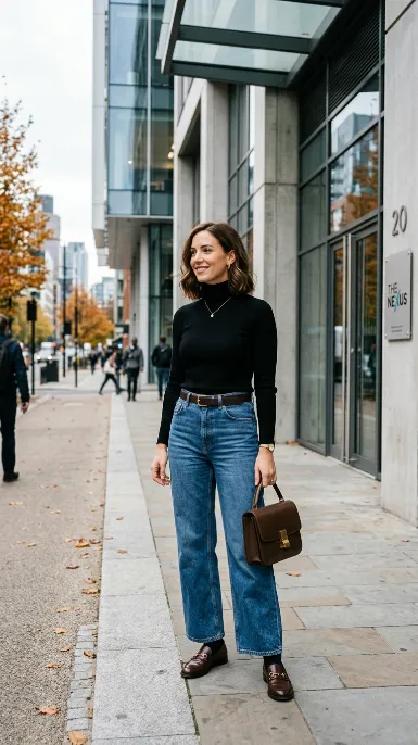 Wide leg jeans with a fitted turtleneck