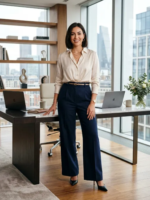 Wide leg trousers and silk blouse