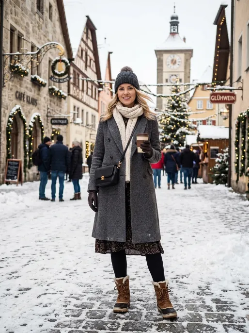 Wool coat with snow boots and tights