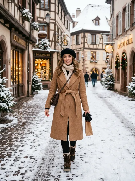 Wool coat with snow boots and a beret