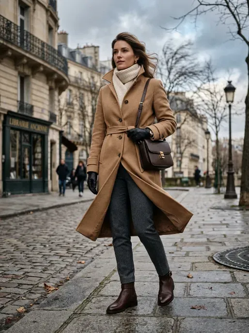 Wool coat with a scarf tucked in