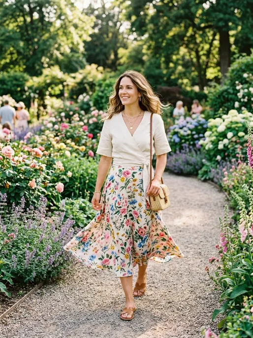 Wrap top with a flowy skirt